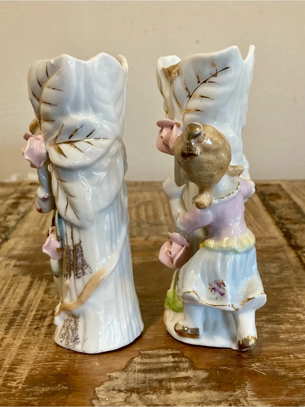 Pair of Boy & Girl Floral Mantel Vases in White & Gold Roses